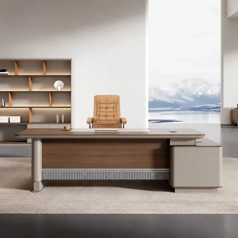 Brinton desk facing forward, cooling vent slats on the beige pedestal