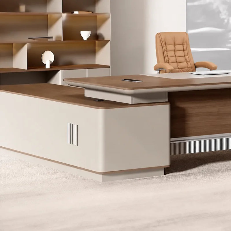 Brinton desk corner with orange chair and open shelf niche behind