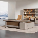 Brinton desk in dark oak, left return, with mountain light from the right