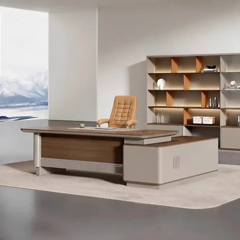 Brinton desk in dark oak, left return, with mountain light from the right