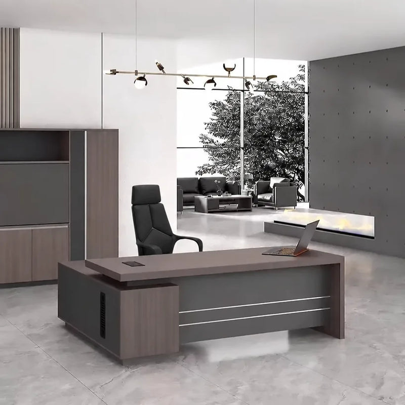 Bristol desk, right return, in a gray-walled office with garden view