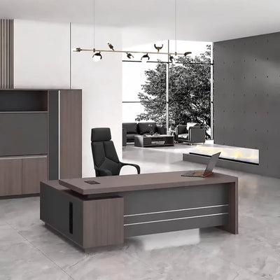 Bristol desk, right return, in a gray-walled office with garden view