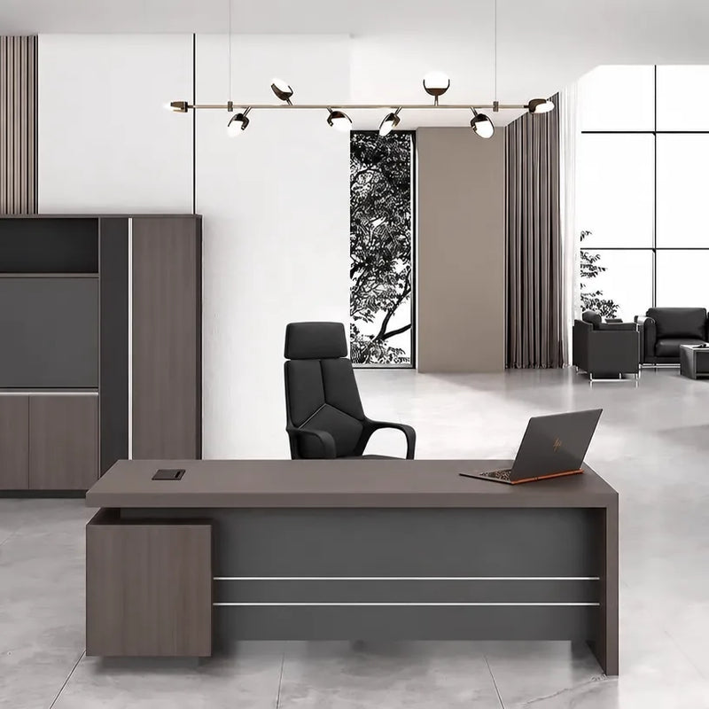 Bristol desk with black leather chair in a marble-floored office