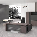 Bristol desk in weathered gray oak, left return, silver accent lines