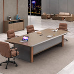 Brock 8′ (96-inch) six-seat meeting table in brown and gray with two cream chairs and a laptop