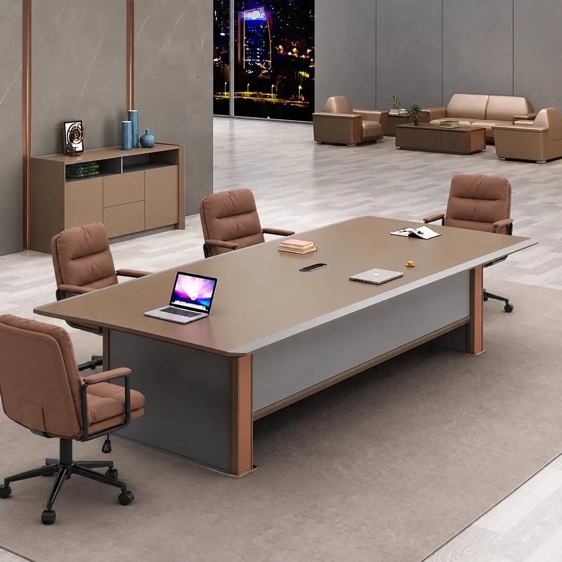 Brock 8′ (96-inch) six-seat meeting table in brown and gray with two cream chairs and a laptop