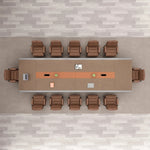 Overhead view of the Brock spacious conference table seating 12, charging modules along the center