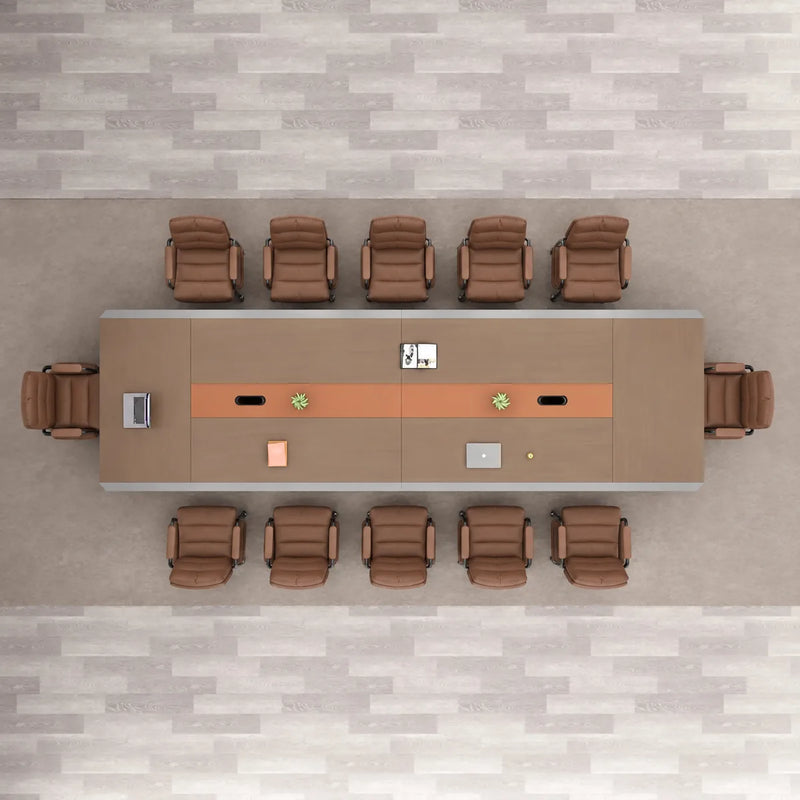 Overhead view of the Brock spacious conference table seating 12, charging modules along the center