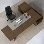 Overhead view of the Brontë desk with gray desk pad and copper lamp