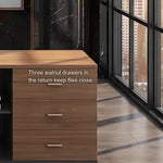 Close-up of the Caelum desk's return with three drawers and open cubbies
