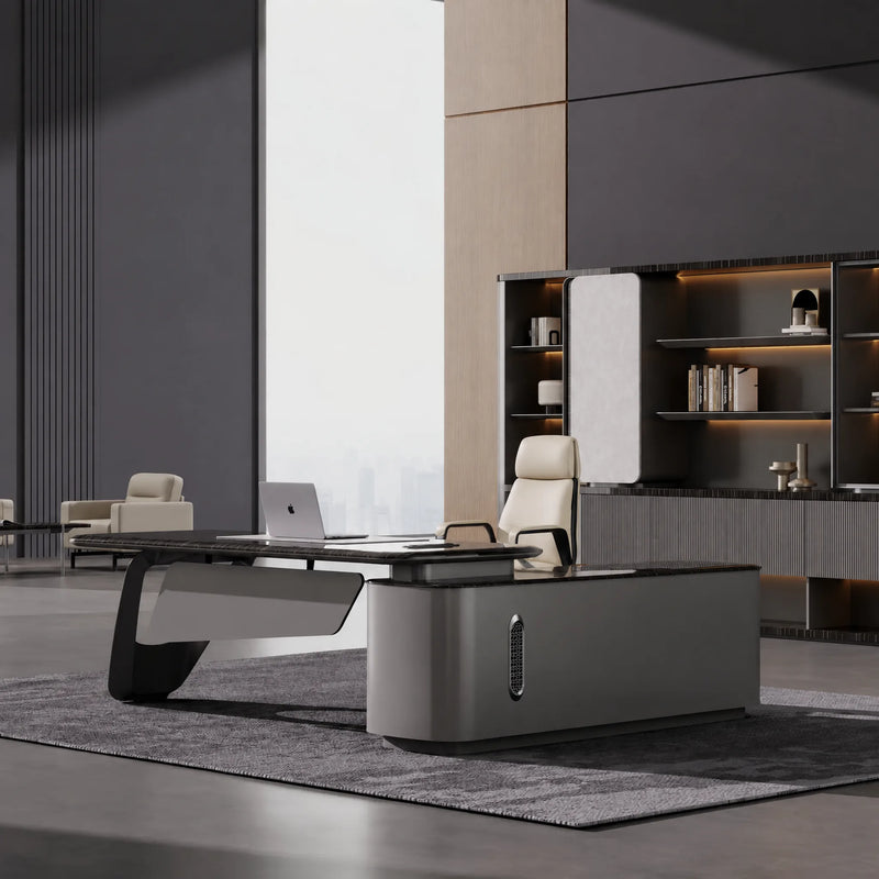 Caldrin executive desk in metal gray, left return, bookshelf wall behind
