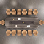 Top-down view of the Caliber conference table seating 14 with two powered center panels