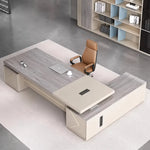 Overhead view of the Calista desk in pine with cable ports on the top