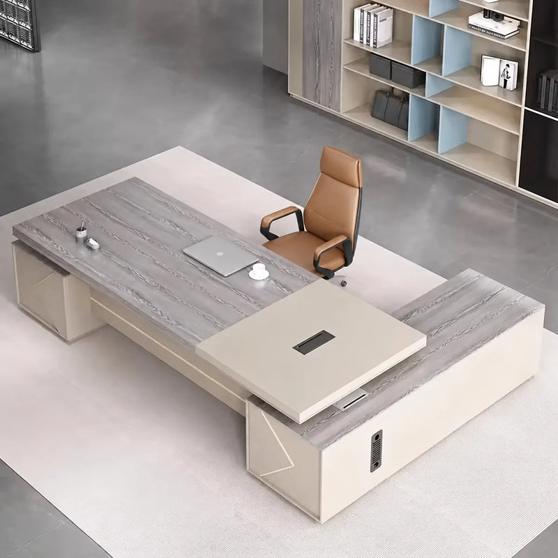 Overhead view of the Calista desk in pine with cable ports on the top
