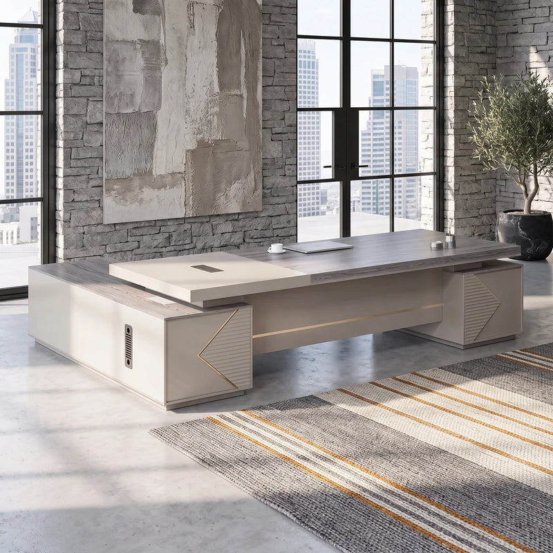 Calista desk in a sunlit office with a city view