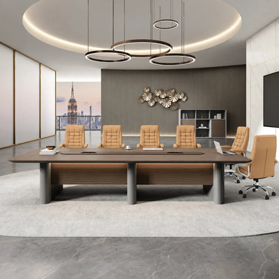 Callum large conference table seating 12 beneath ring pendant lights with a city skyline view