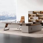 Canmore desk in dark oak, left return, with vented pedestal