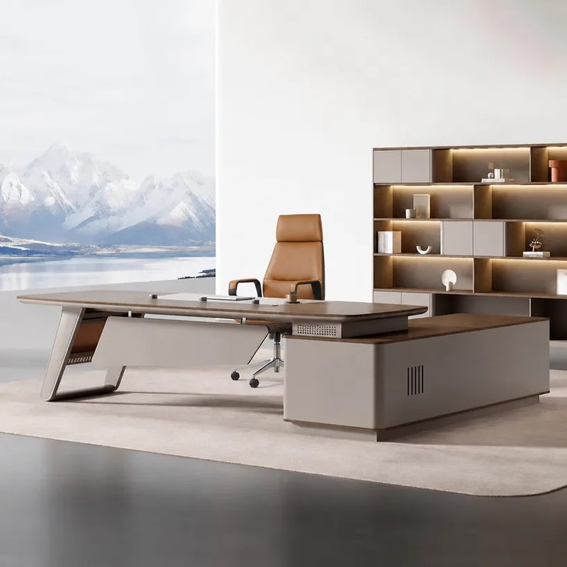 Canmore desk in dark oak, left return, with vented pedestal