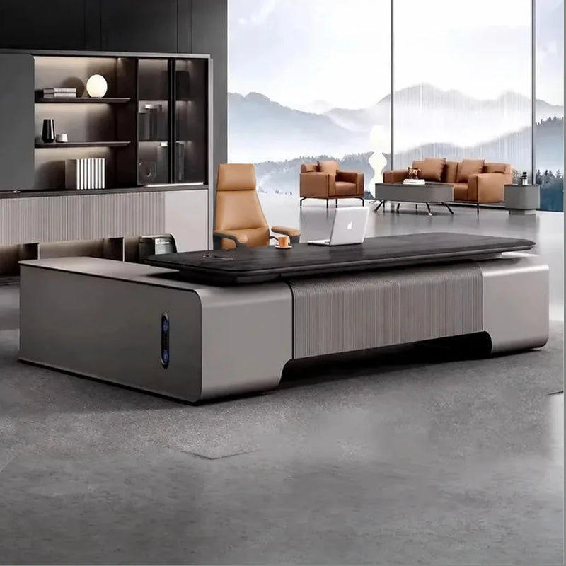 Canon grand desk beneath a halo pendant in a mountain-view office