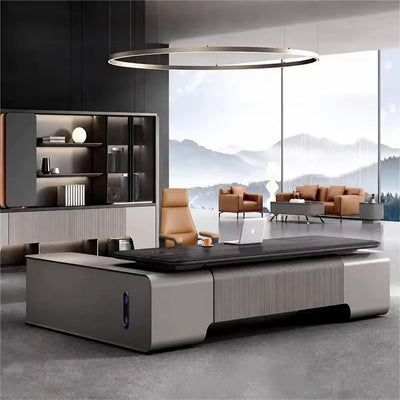 Canon grand desk beneath a halo pendant in a mountain-view office