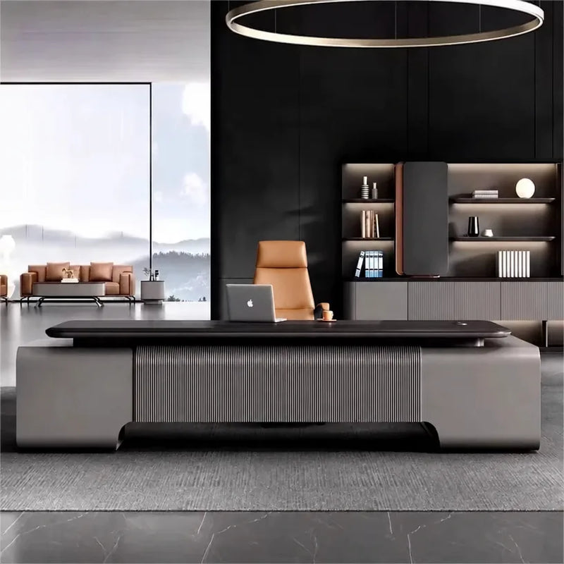Canon executive desk in a black-paneled designer office