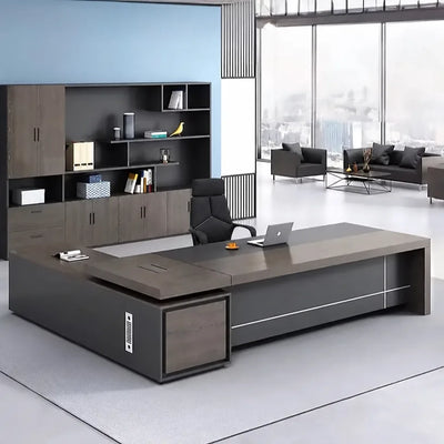 Carlaw desk in gray oak in a blue-walled CEO office with storage wall