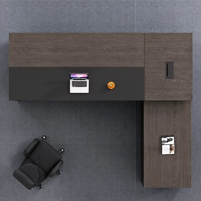 Flat overhead view of the Carlaw desk with wall cabinet above