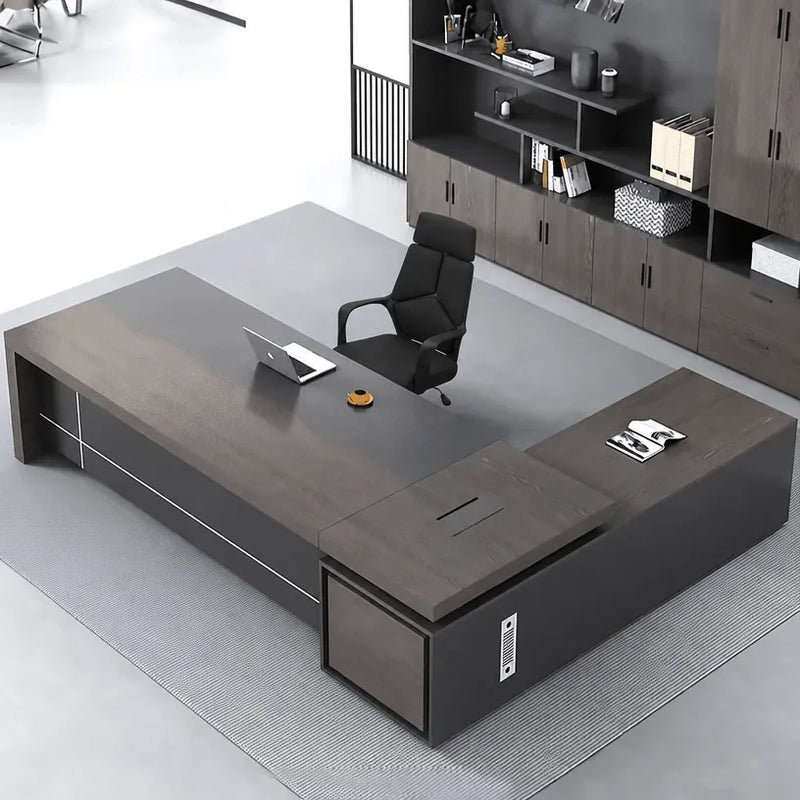 Carlaw desk in gray oak, left return, viewed from above