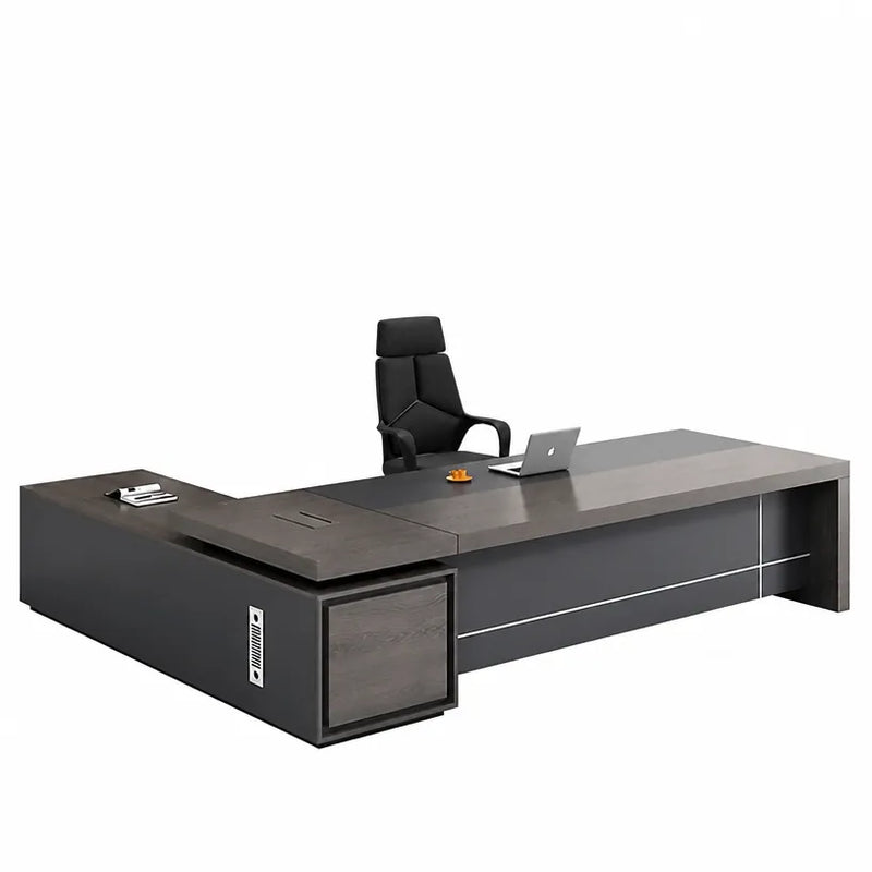 Carlaw desk with high-back chair in a corner office with shelf wall