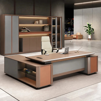 Cassel desk in birch and cognac in a night-view executive office