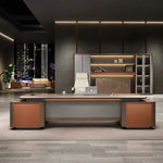 Cassel desk facing forward in a wood-paneled suite with wall lamp