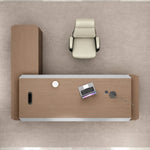 Top view of the Cassel desk with white leather chair and laptop