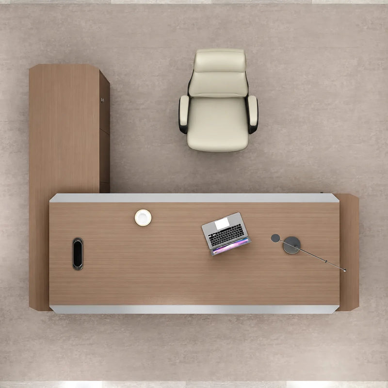 Top view of the Cassel desk with white leather chair and laptop