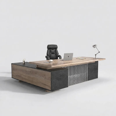 Cecilia L-shaped desk in rustic mahogany with concrete-look pedestal and chrome slats