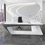 Chevron white desk in a sculpted sci-fi office with cellular wall