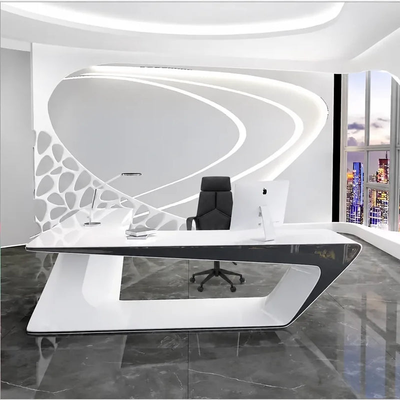 Chevron desk centered in a curved white office pod