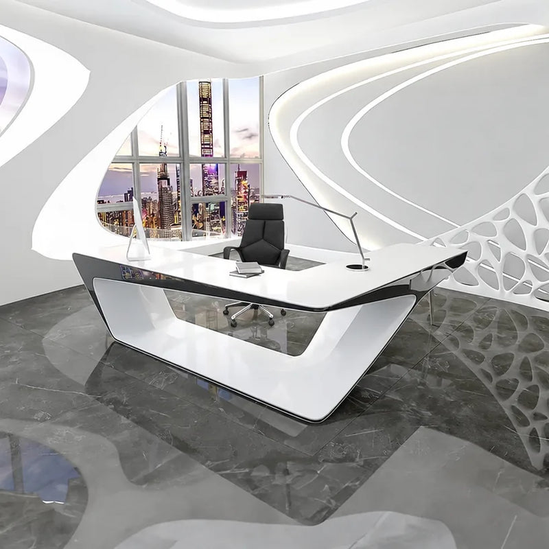 Chevron desk in white with black underside in an organic white suite