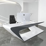 Chevron desk with white computer and black accent sweep