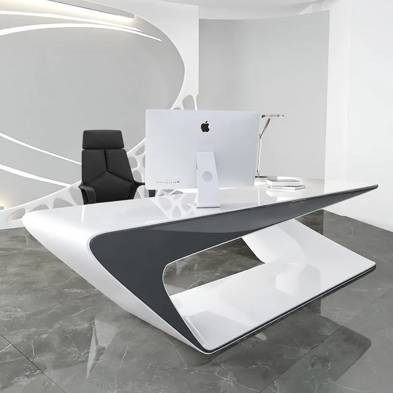 Chevron desk with white computer and black accent sweep