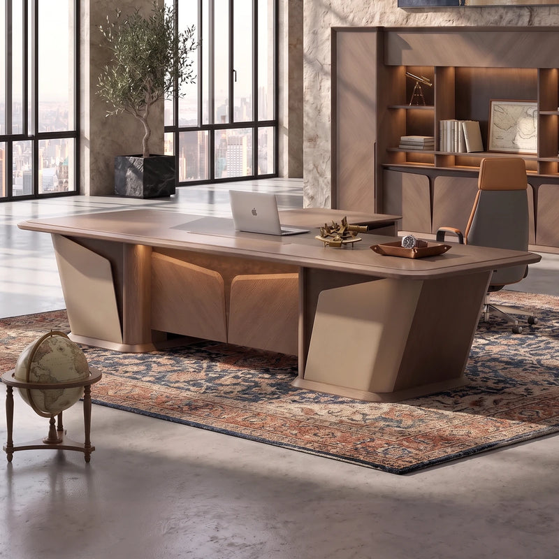 Cognac desk, right return, in a boss's corner office with dark shelving