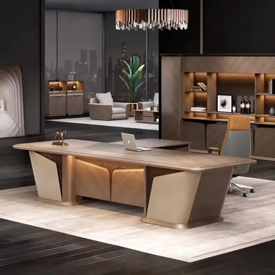 Cognac desk, right return, in a boss's corner office with dark shelving