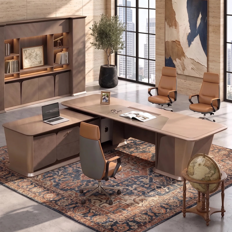Cognac executive desk with mobile return cabinet in a soft-lit suite