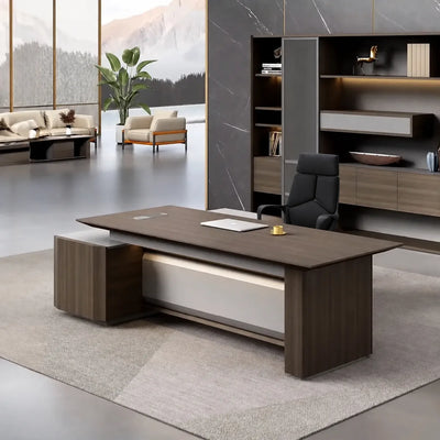 Cole desk, right return, in a lakeside office with lounge seating