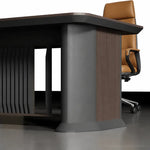Colmar rounded pedestal and slat detail with amber chair