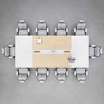 Overhead view of the Comity conference table seating 10 with two cable management grommets