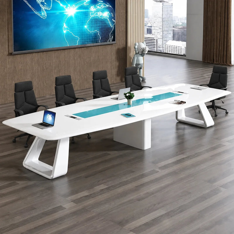 Concord white conference room table with orange chairs on dark wood flooring, world map on the wall screen