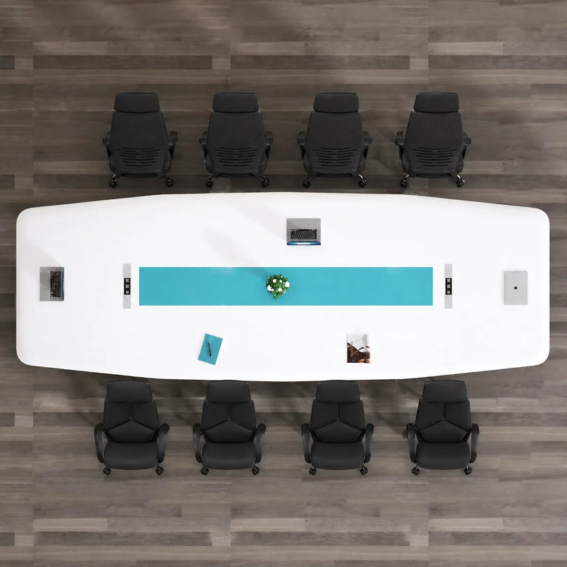 Top-down view of the Concord white conference table seating 8 in orange chairs, teal inlay and cable grommets