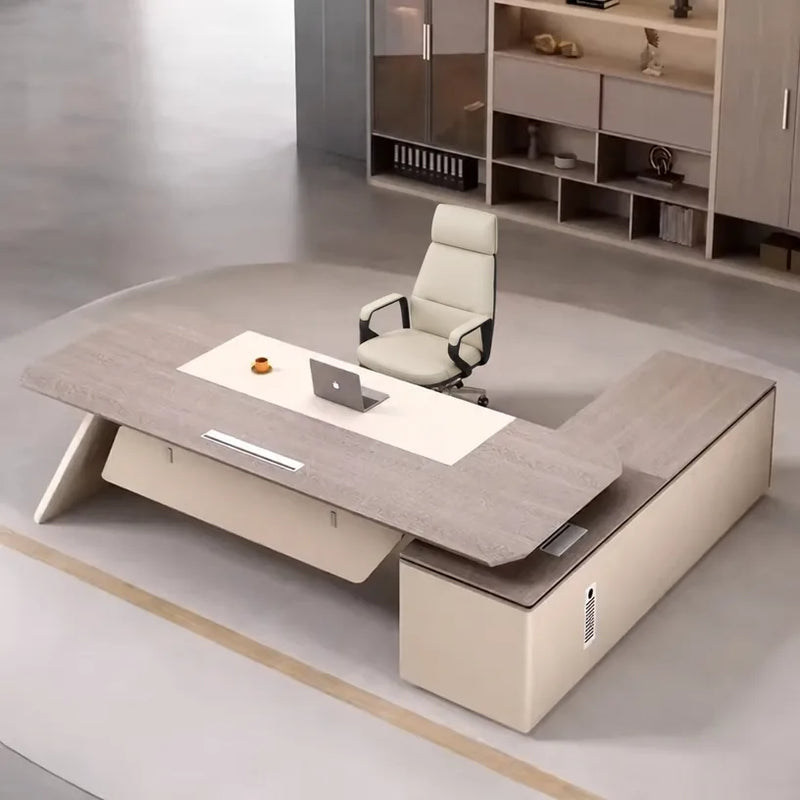 Copley desk, left return, with cream desk pad and locking pedestal