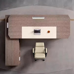 Copley desk from above, gray oak top with white inlay