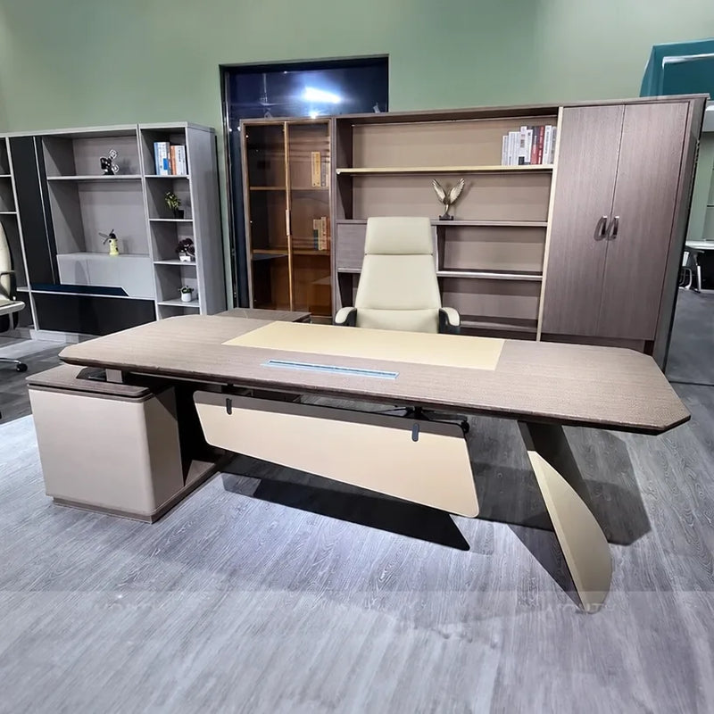 Photo of the Copley desk with blade leg in a showroom office